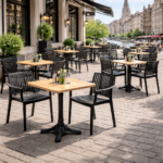 Terrasstoel-EVORA-Armleuning-Stapelbaar-Zwart-Kunststof