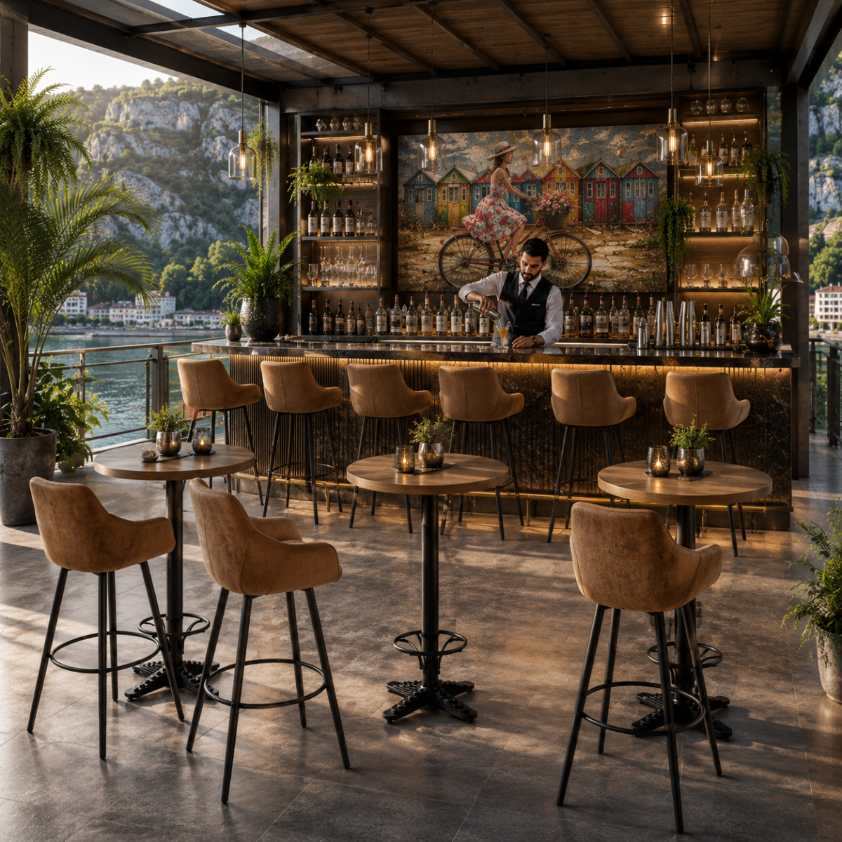 Horeca-Metalen-Bar-Armstoel-BIAS-Cognac-microvezel