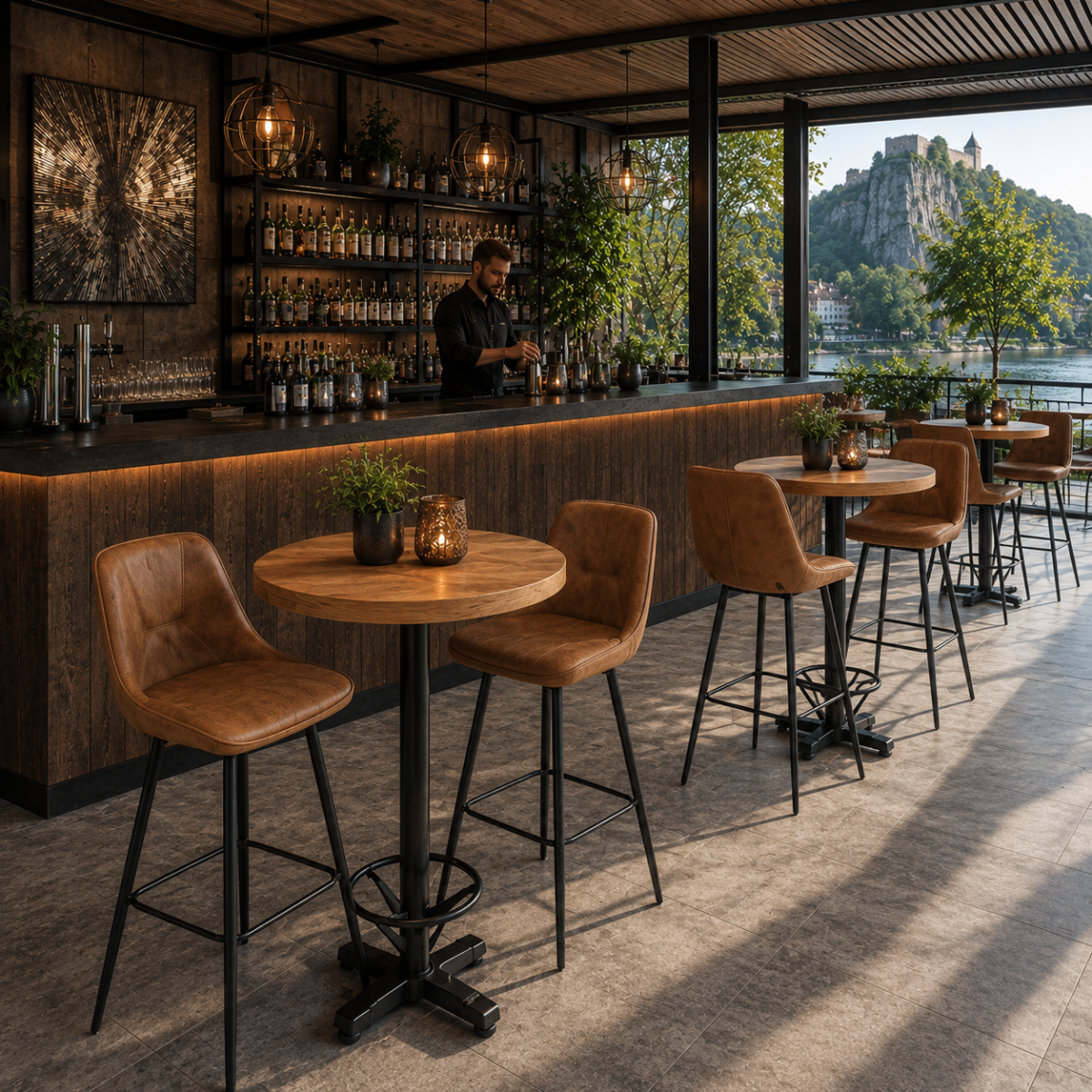 Horeca-Metalen-Bar-Armstoel-CARMEN-Cognac-microvezel