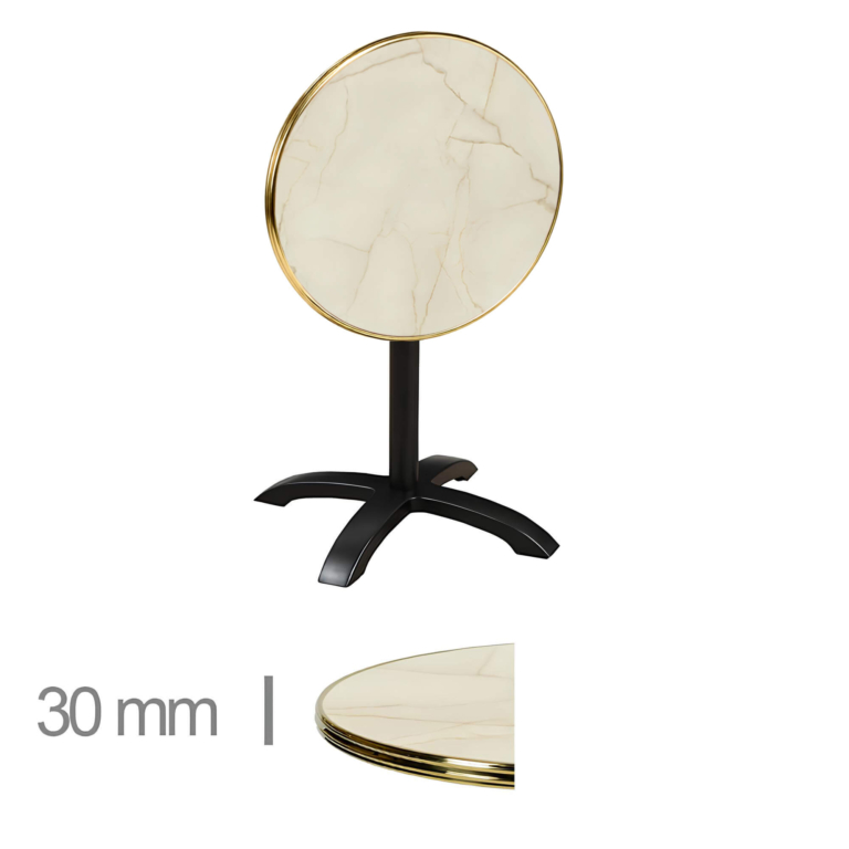 Horeca-Terrastafel-Opklapbaar-Rond-Met-Messing-Rand-WERZALIT-GOLDEN-MARBLE-Ø70cm