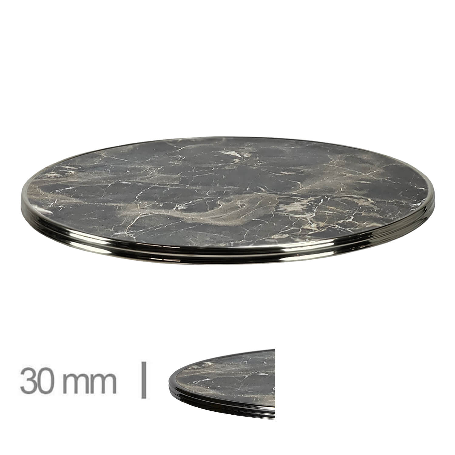 Horeca-Tafelblad-Rond-Met-Chroom-Rand-Werzalit-Brownie-Marble-3-Cm-Dik-318