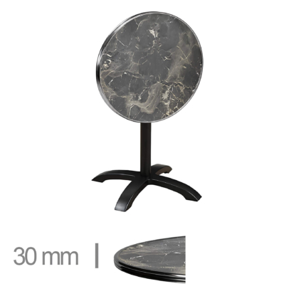 Horeca-Terrastafel-Opklapbaar-Rond-Met-Chroom-Rand-Werzalit-Brownie-Marble-60-Cm