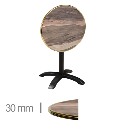 Horeca-Terrastafel-Opklapbaar-Rond-Met-Messing-Rand-Werzalit-Indian-Wood-70-Cm