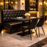 Horeca-Eetbank-CAPITON-Zwart-Kunstleer-Met-Gele-Kristallen-Knopen