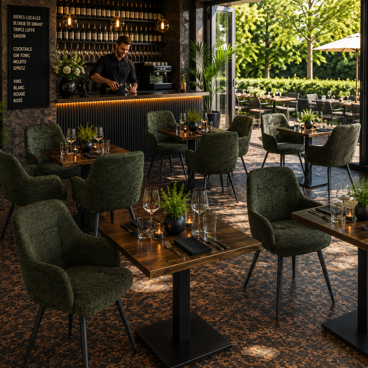 Horeca-Armstoel-AVRIL-Olijf-Stof