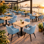 Horeca-Armstoel-ROCCA-turkuaz-Stof