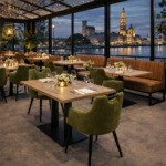 Horeca-Armstoel-VICTORIA-olijf-Microvezel-model1