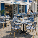 Terrasstoel-MONICA-Stapelbaar-Blauw-Wit-Rattan