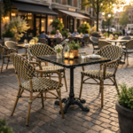 Terrasstoel-DIVA-Armleuning-Stapelbaar-ZWART-GOUD-RATTAN