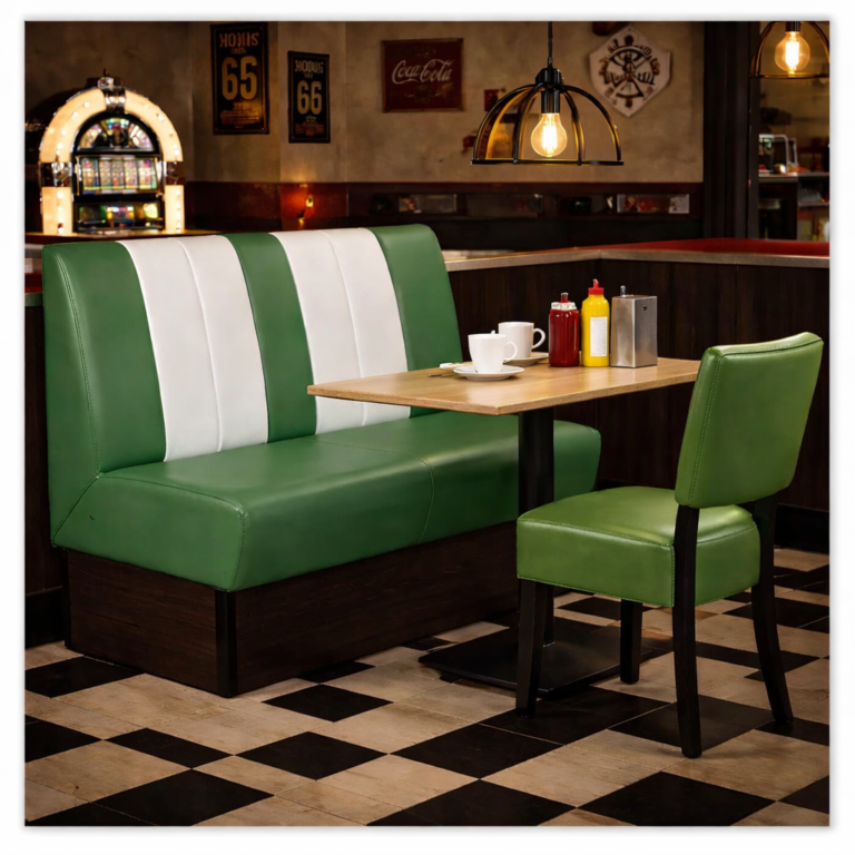 Horeca-Eetbank-SAFRAN-AMERICAN-Groen-Wit-Kunstleer